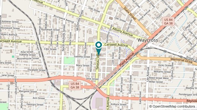 Street map showing the Waycross office on Tebeau Street, downtown Waycross