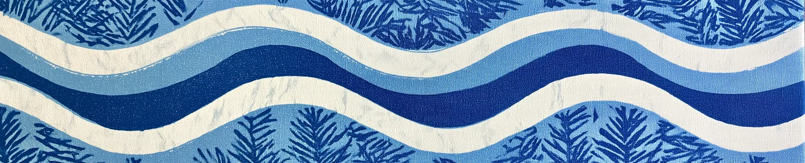 Illustration of a river through wooded hills