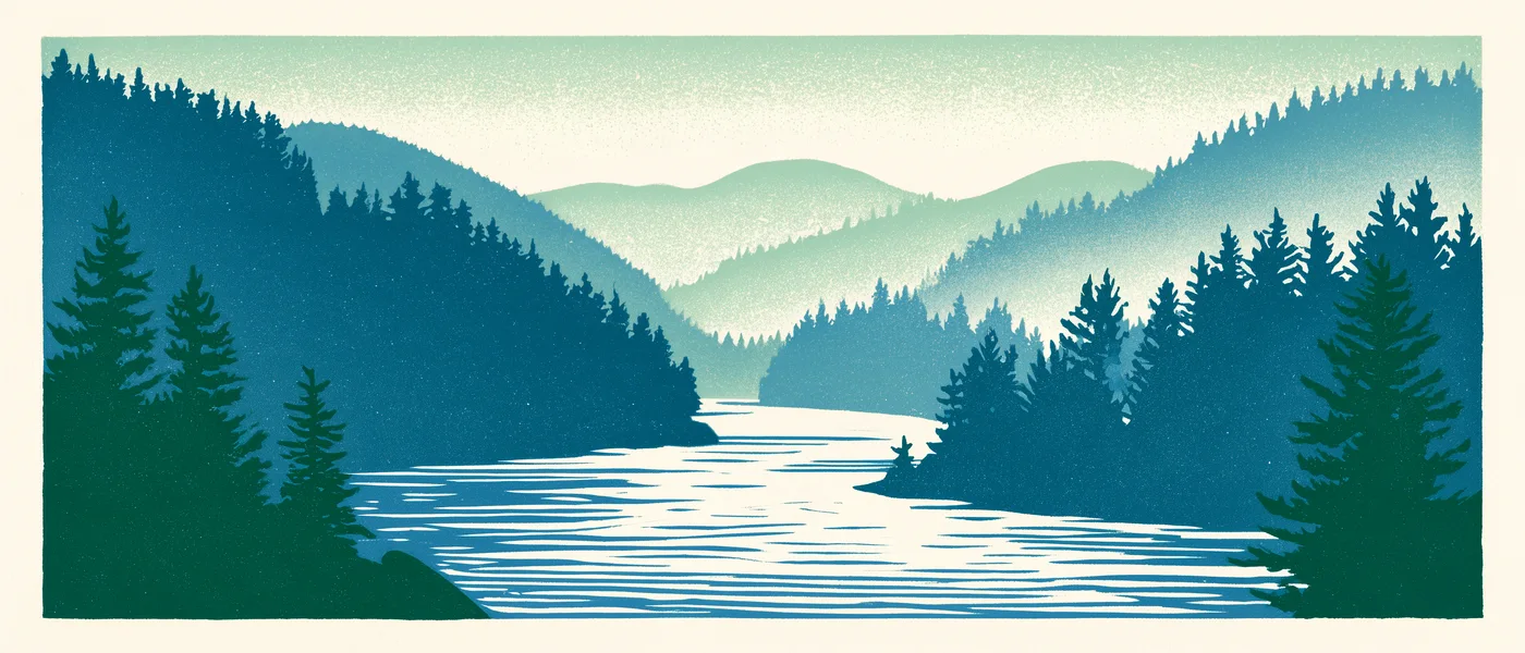 Illustration of a river through wooded hills
