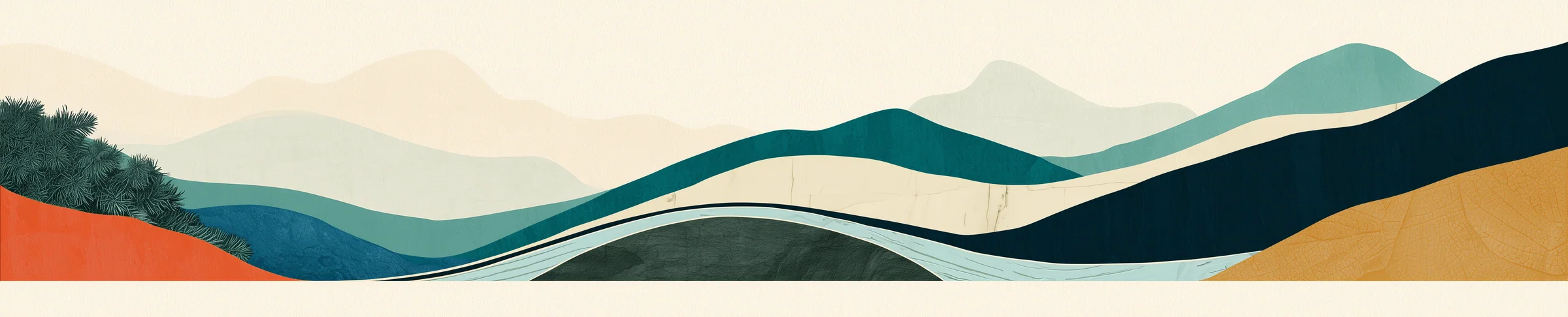 Illustration of a river through wooded hills