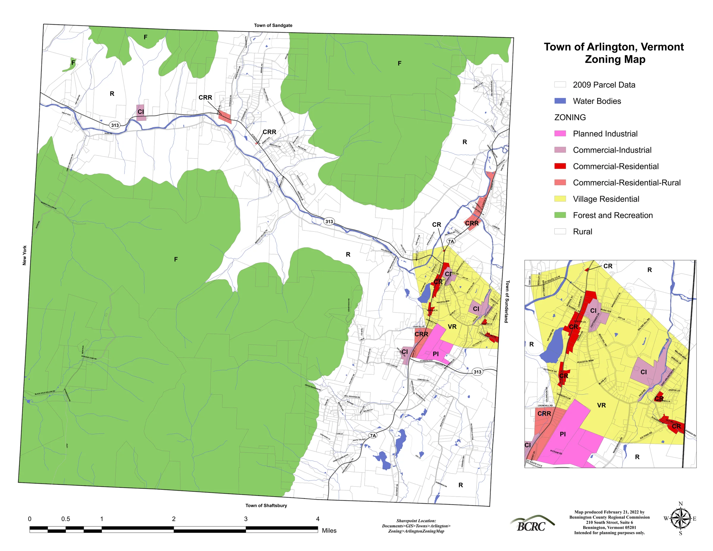 Arlington zoning districts, roads and water bodies. Open the official PDF for the full-size map and legend.