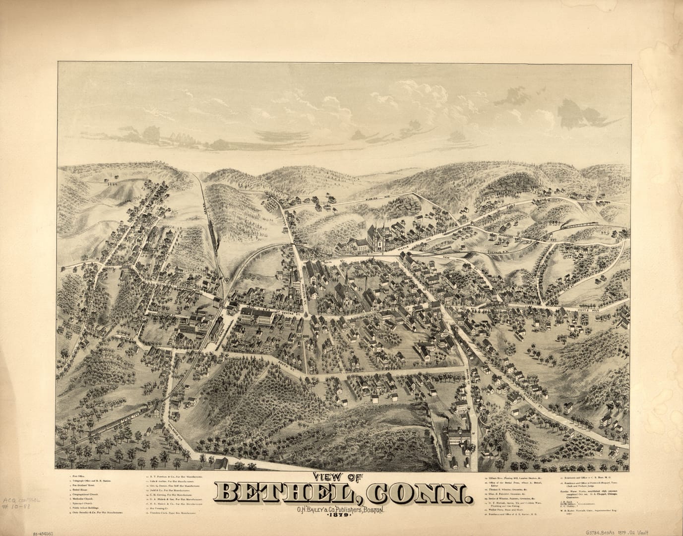 An engraved bird's-eye view of Bethel published in the nineteenth century