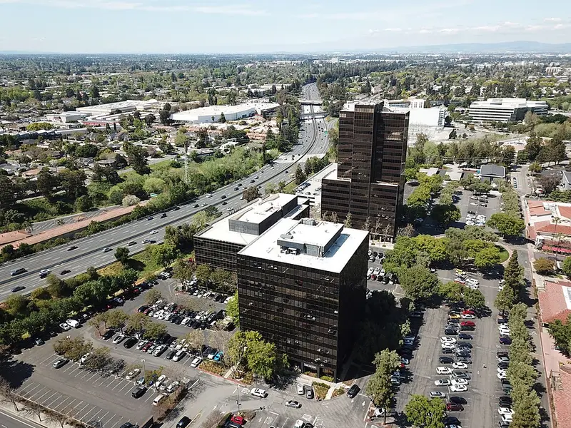 Aerial view of the Pruneyard towers beside Highway 17
