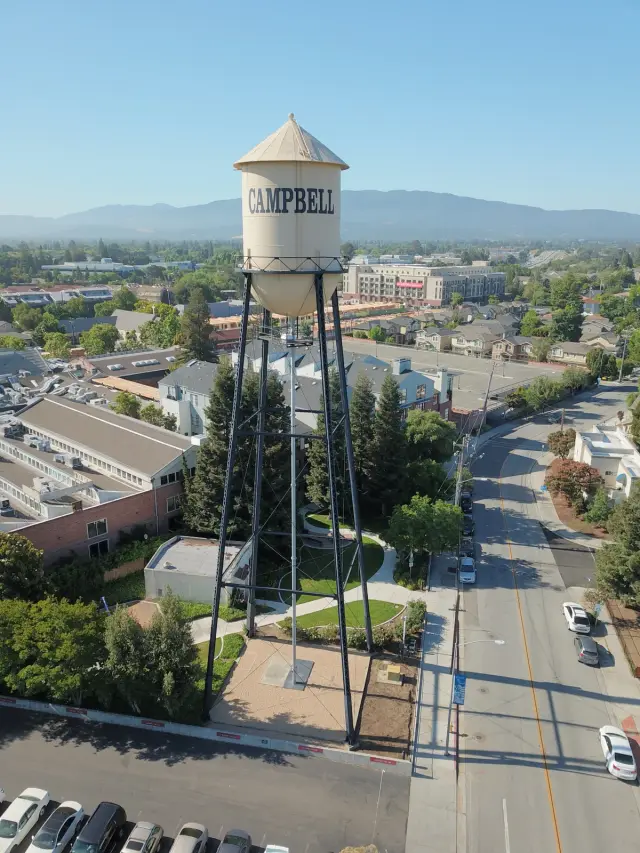 Aerial view of the Campbell water tower in downtown Campbell