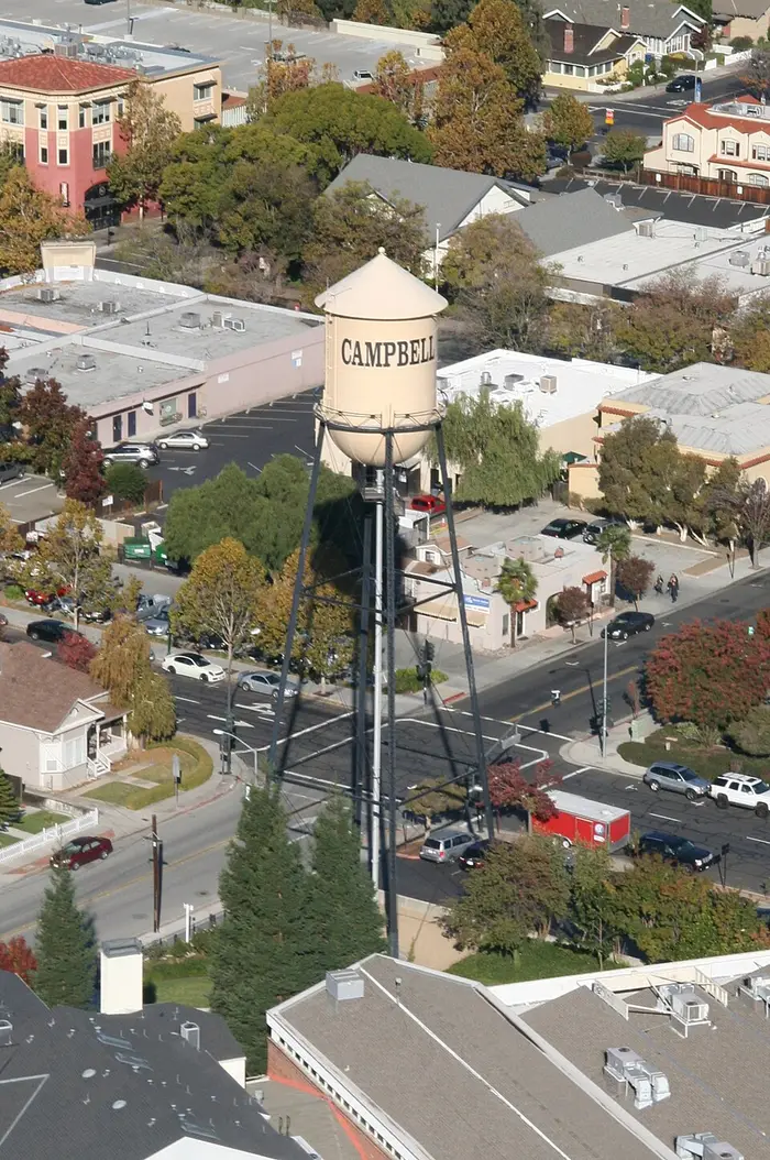 Campbell water tower seen from the ground