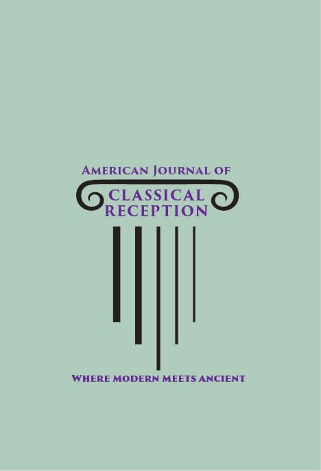 Cover of The American Journal of Classical Reception: the title set in an Ionic capital whose column is drawn as vertical bars, on a pale green ground, above the line Where Modern Meets Ancient