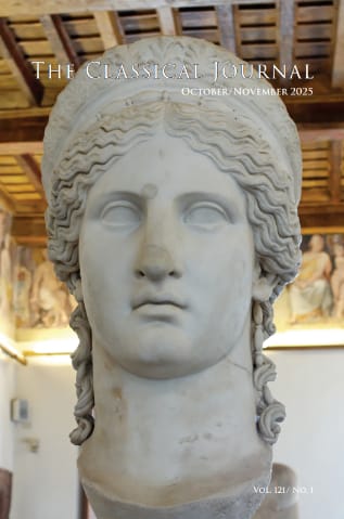 Cover of The Classical Journal, volume 121, number 1: a marble head of a goddess in a museum gallery