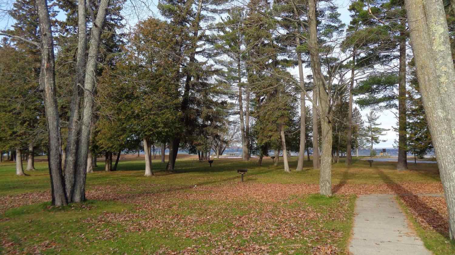 Calm water and a sandy shoreline under a wide sky at Burt Lake State Park.