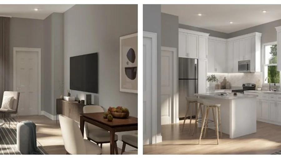 A living room and kitchen at the Flats at Little Brook in Berlin, a CHFA-financed rental development.