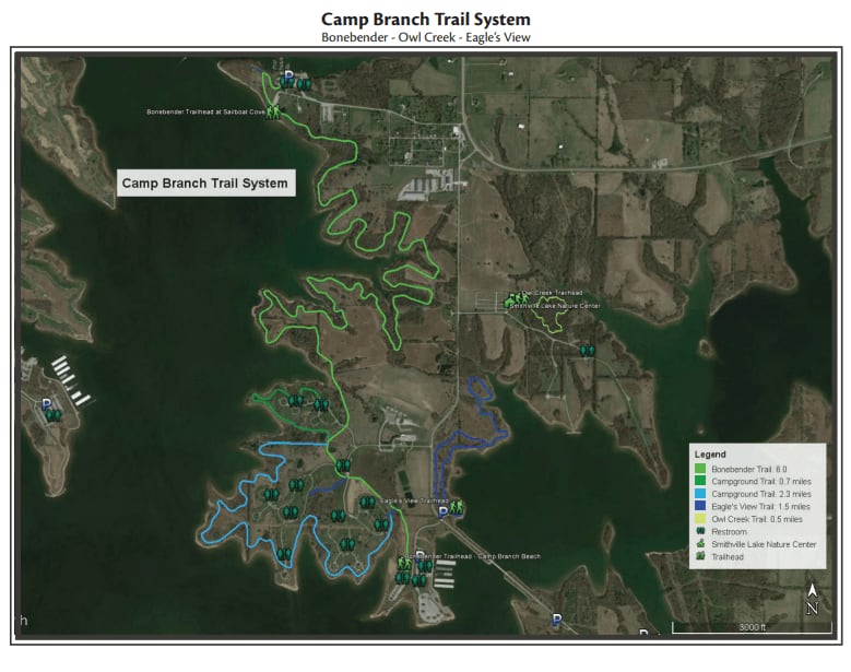 Aerial map of the Camp Branch trails along the east shore.