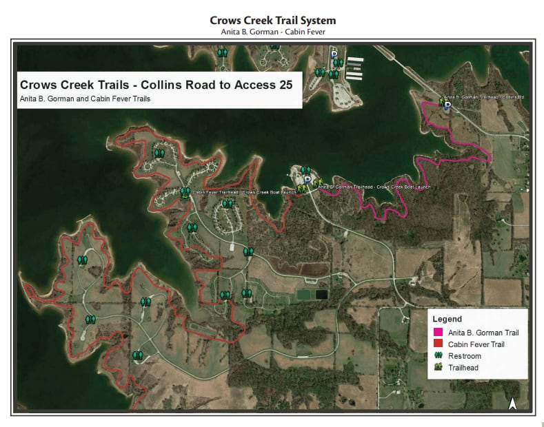 Aerial map of the Crows Creek trails from Collins Road to Access 25.