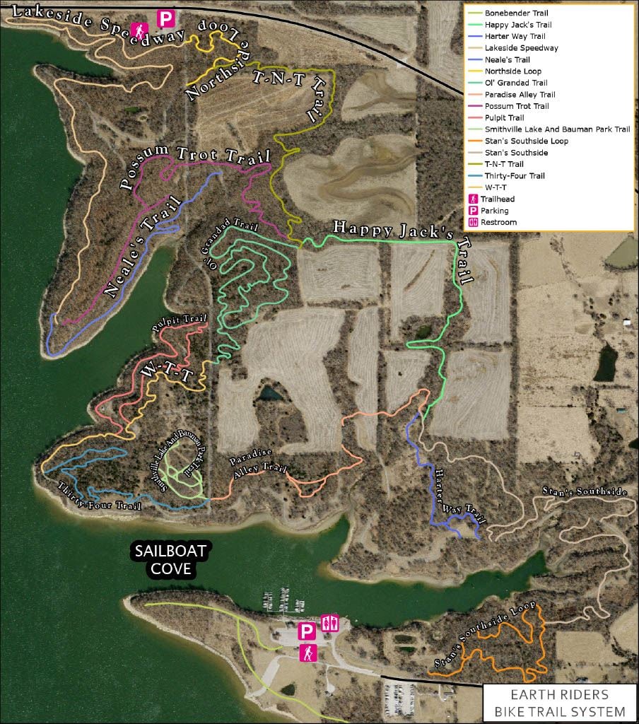 Map of the EarthRiders mountain bike trail loops near Sailboat Cove.