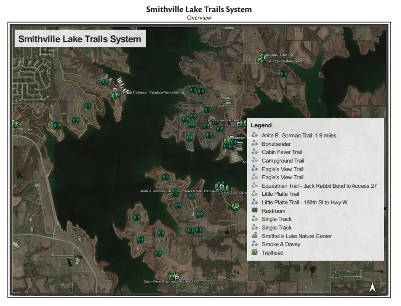 Aerial map of the Smithville Lake trail system with a trail legend.