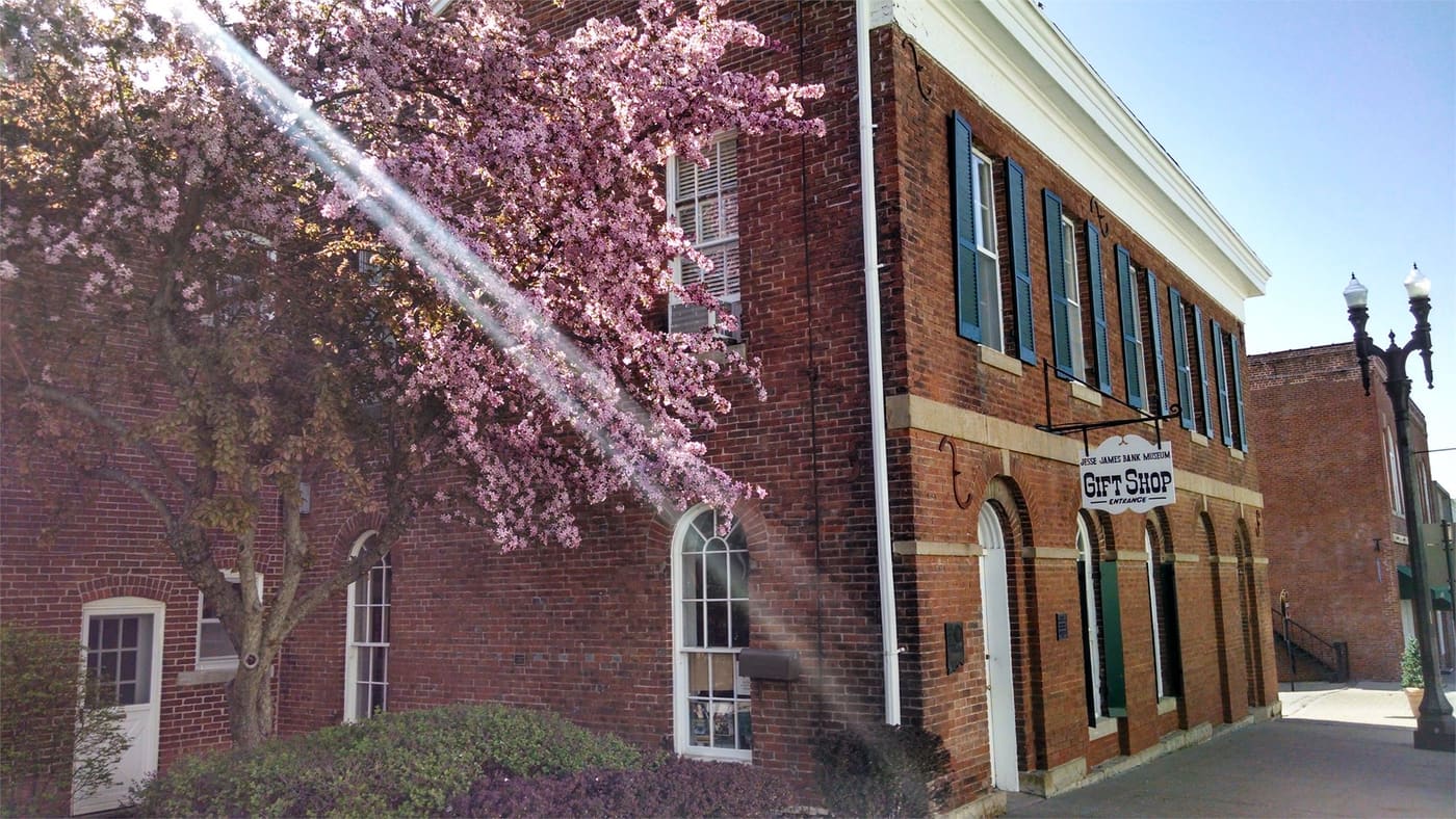 The brick Jesse James Bank Museum on the Liberty square, behind a flowering tree in spring.