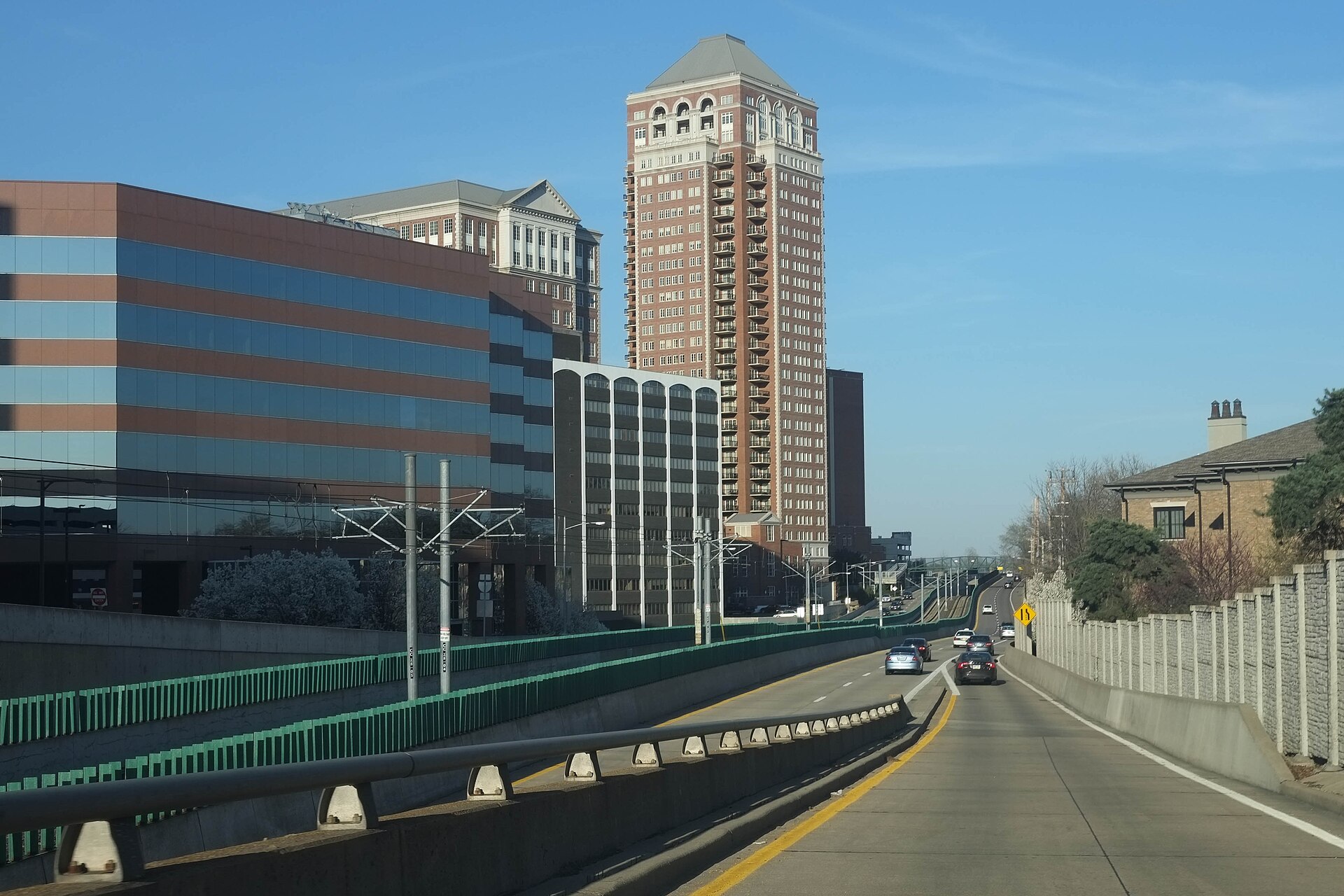 Downtown Clayton, Missouri skyline seen from Forest Park Parkway, looking eastward.