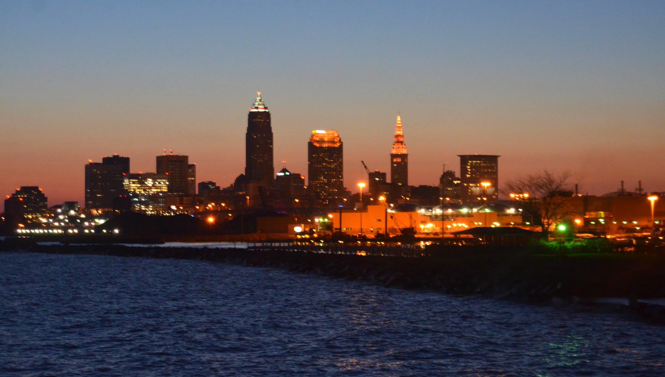 The downtown Cleveland skyline along Lake Erie.
