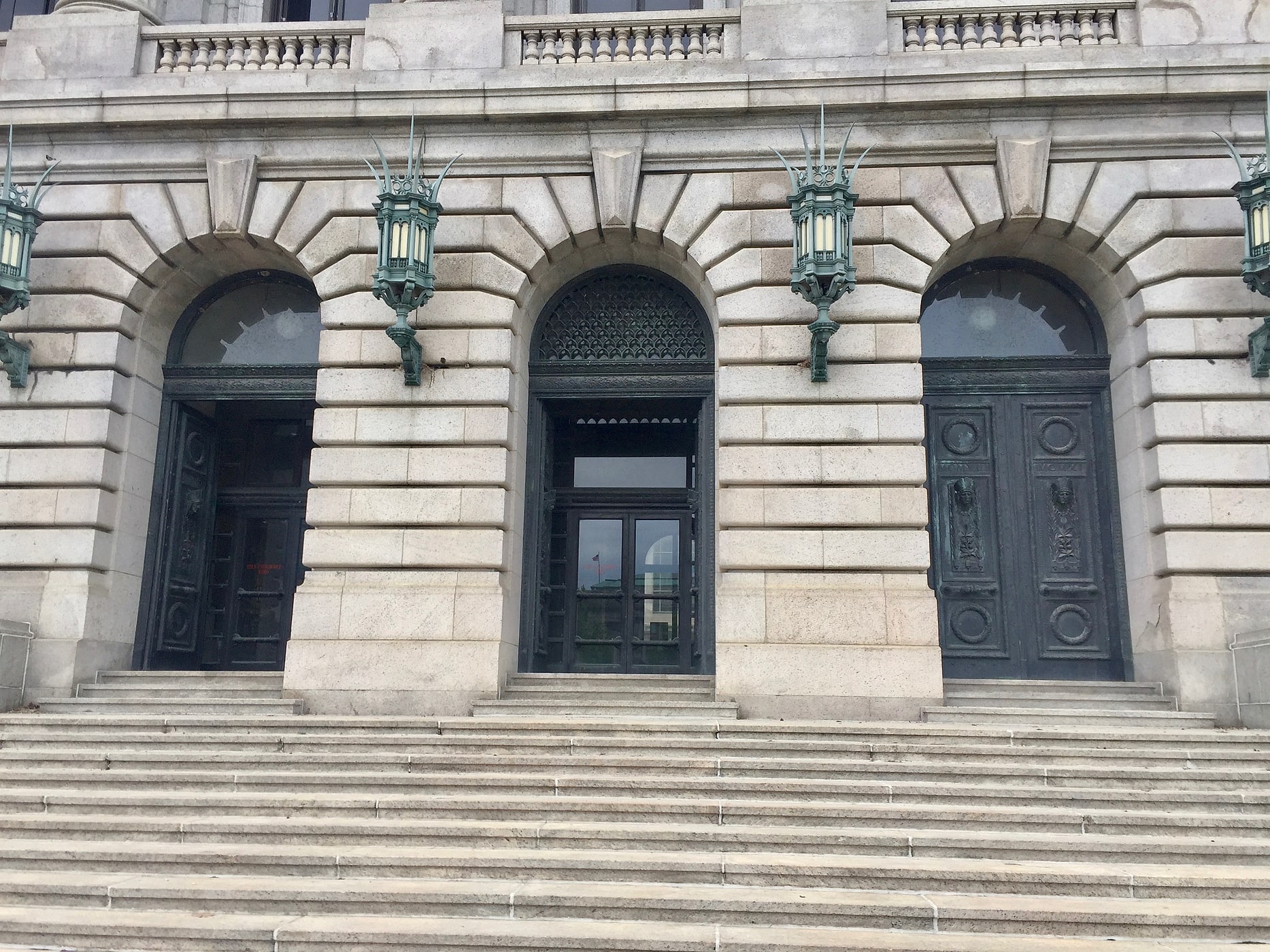 The Beaux-Arts facade and broad stone steps of the Cuyahoga County Courthouse in Cleveland.