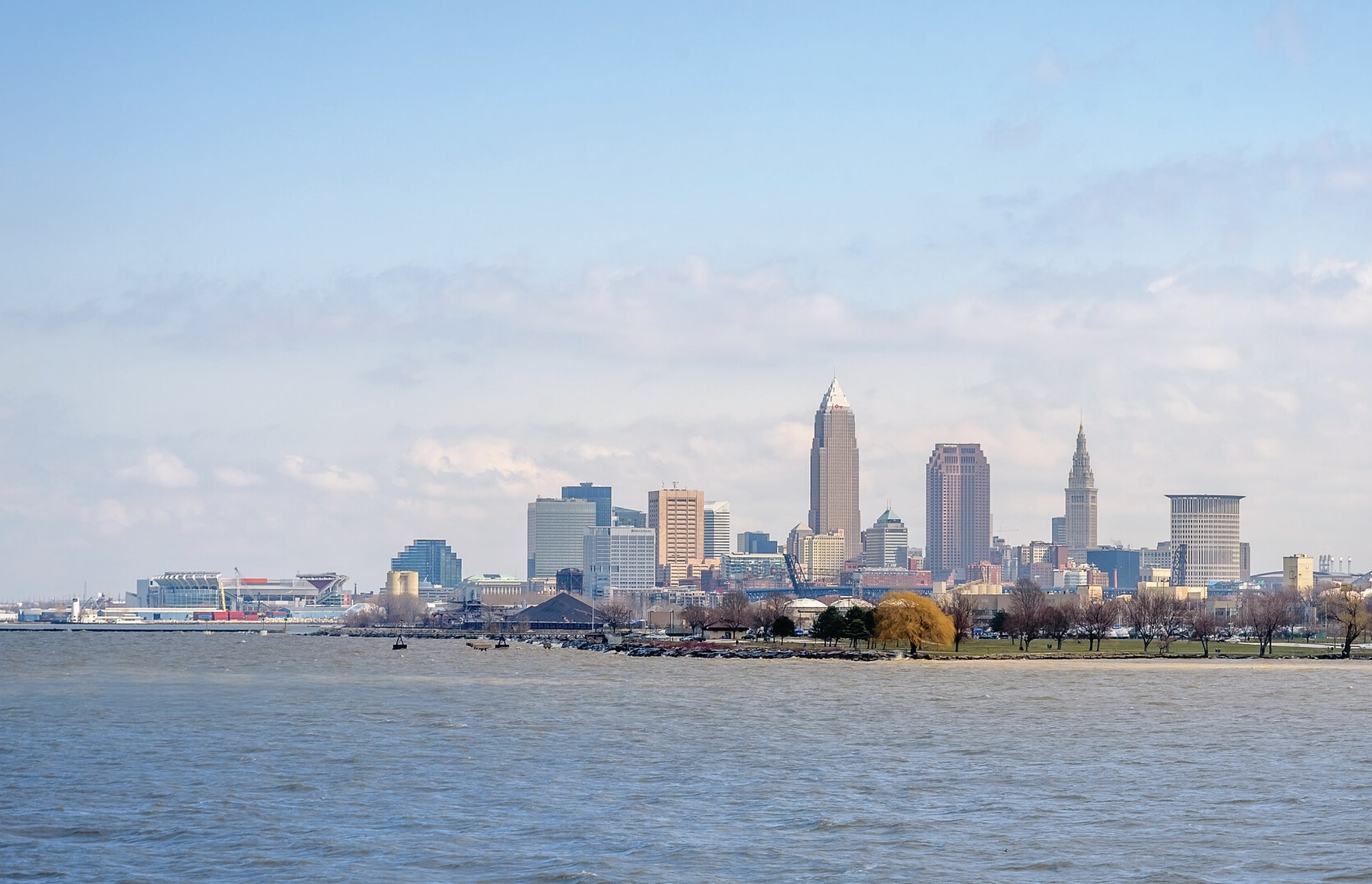 The Cleveland skyline seen across the water in clear daylight.