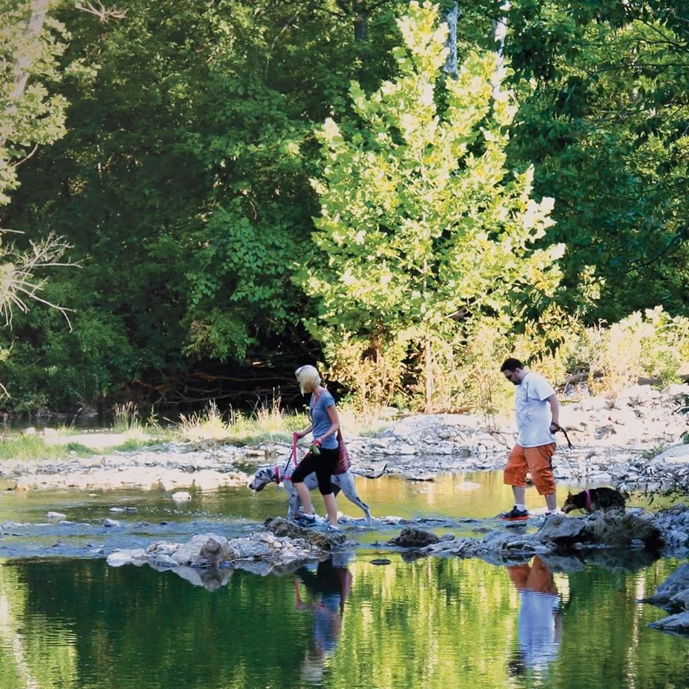 A family crossing Holes Creek on the stepping stones at Grant Park