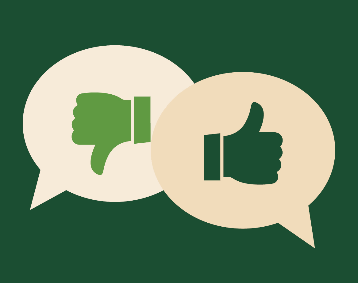 Two speech bubbles with a thumbs up and a thumbs down.