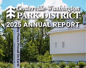 cover of Centerville-Washington Park District 2025 Annual Report, a white barn and a peace pole