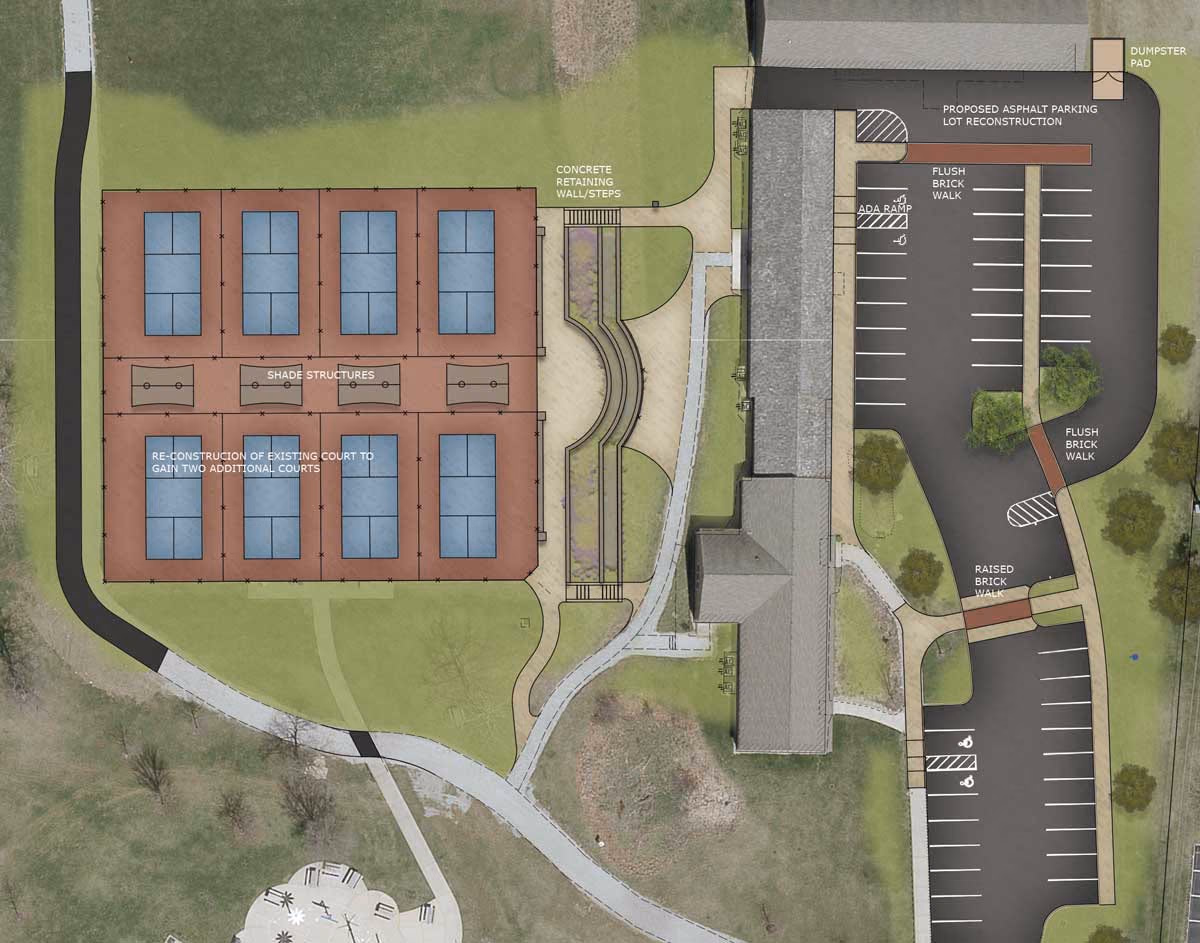 Concept plan for updated pickleball courts and parking at Activity Center Park