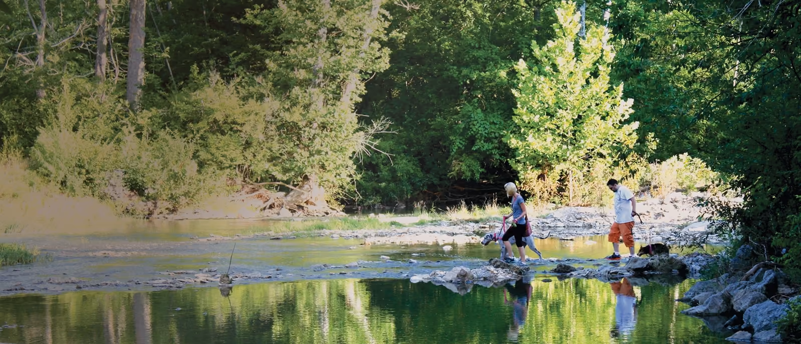 A family crossing Holes Creek on the stepping stones at Grant Park