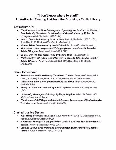 First page of An Antiracist Reading List from the Brookings Public Library