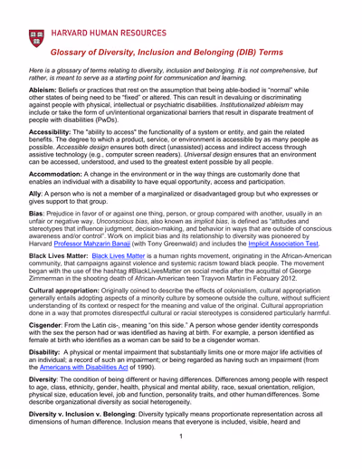 First page of the Glossary of Diversity, Inclusion and Belonging (DIB) Terms
