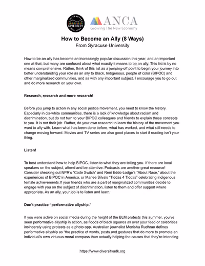 First page of How to Become an Ally (8 Ways), from Syracuse University