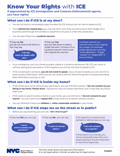 First page of the Know Your Rights with ICE fact sheet