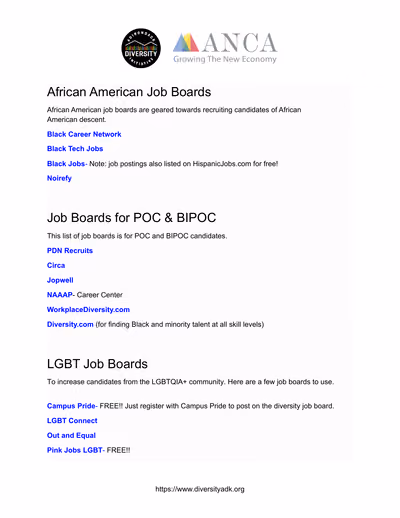First page of ADI's Recruitment Resources list of job boards