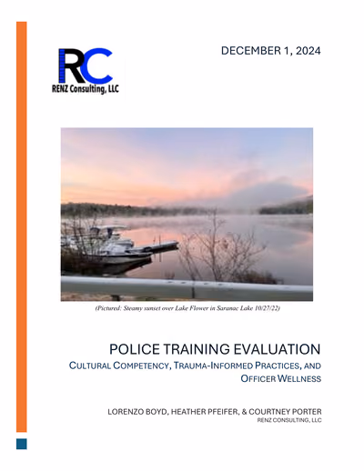 Cover of the Police Training Evaluation report by Renz Consulting, with a sunrise over Lake Flower in Saranac Lake