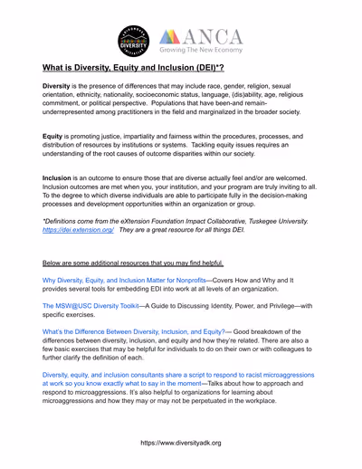 First page of ADI's What is Diversity, Equity and Inclusion (DEI)? handout