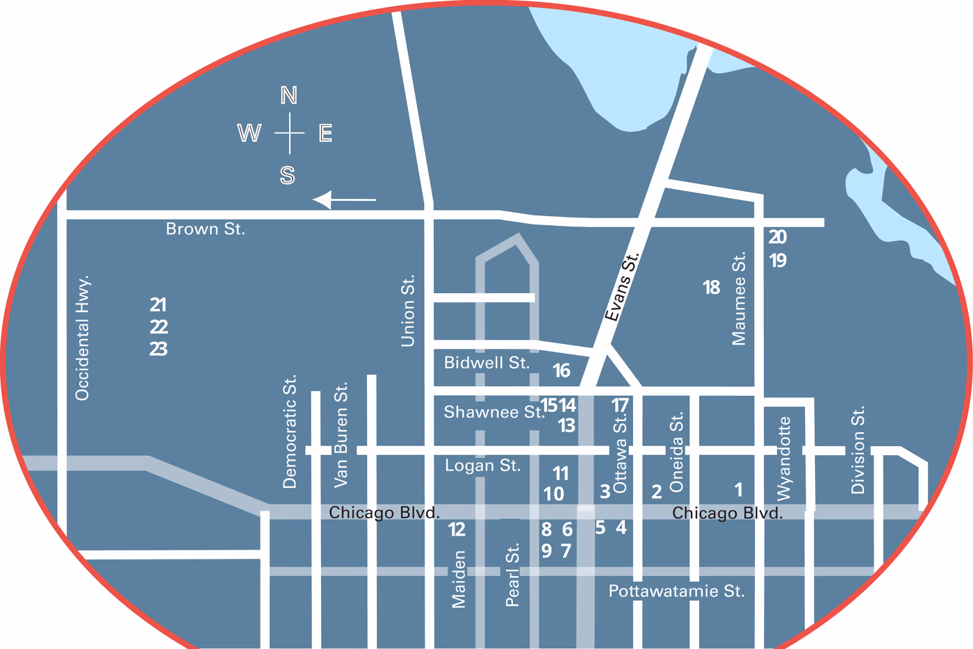 The Art Trail Tecumseh walking map: downtown's streets from Occidental Highway to Division Street, with the numbered stops along Chicago Boulevard, around Evans Street and the Market, near Maumee Street and the Tecumseh Center for the Arts, and at Tecumseh High School.