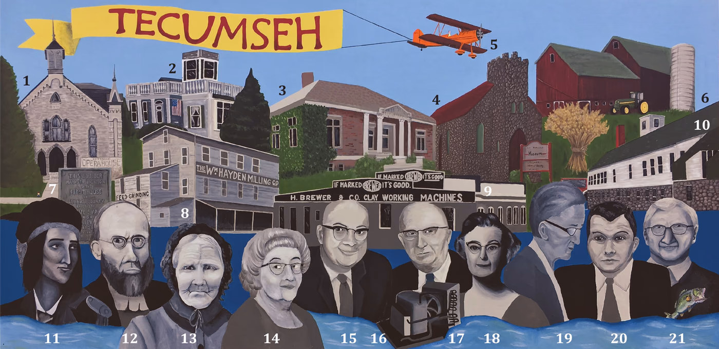 The Tecumseh Historical Mural: downtown landmarks across the top and portraits of Tecumseh figures along the bottom.