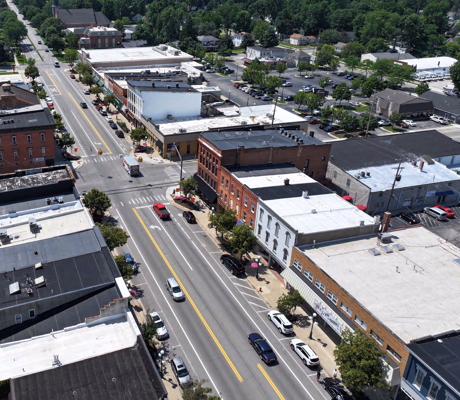 Aerial view down Chicago Boulevard through the four corners