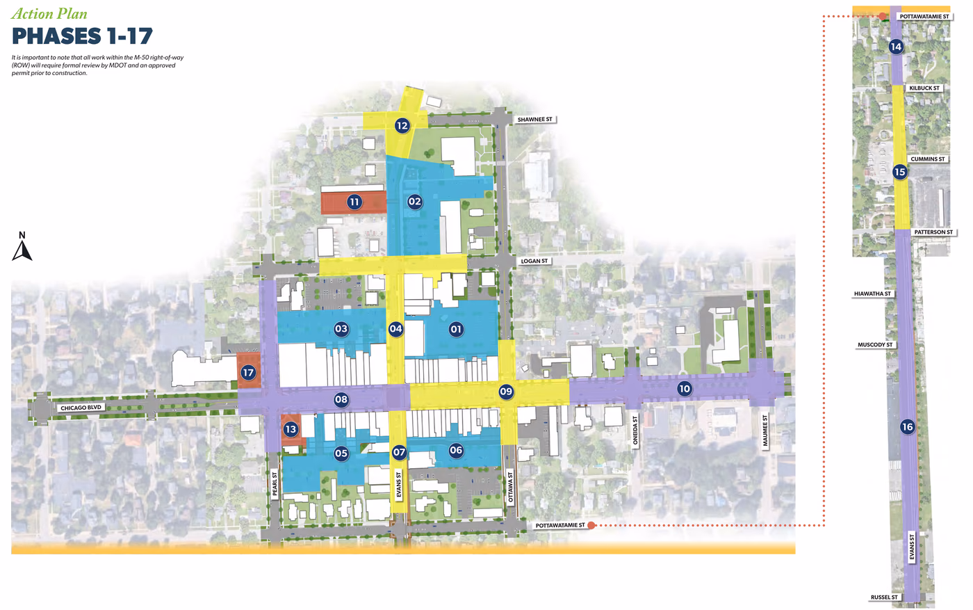 The plan's map of its seventeen phases: the parking lots behind the four corner blocks, Evans, Logan and Chicago, pocket parks at Pearl Street, and South Evans Street to Russell Street.
