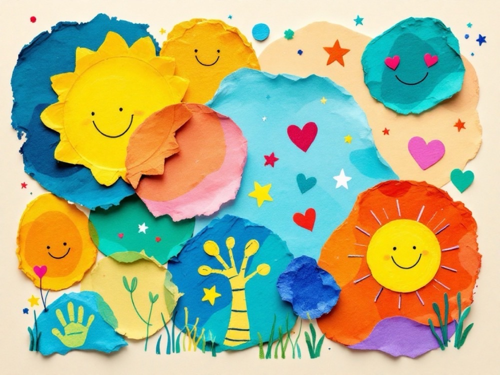 A bright preschool art-wall collage of crayon suns, hearts, a house and a tree in Durham PreK's four brand colors.