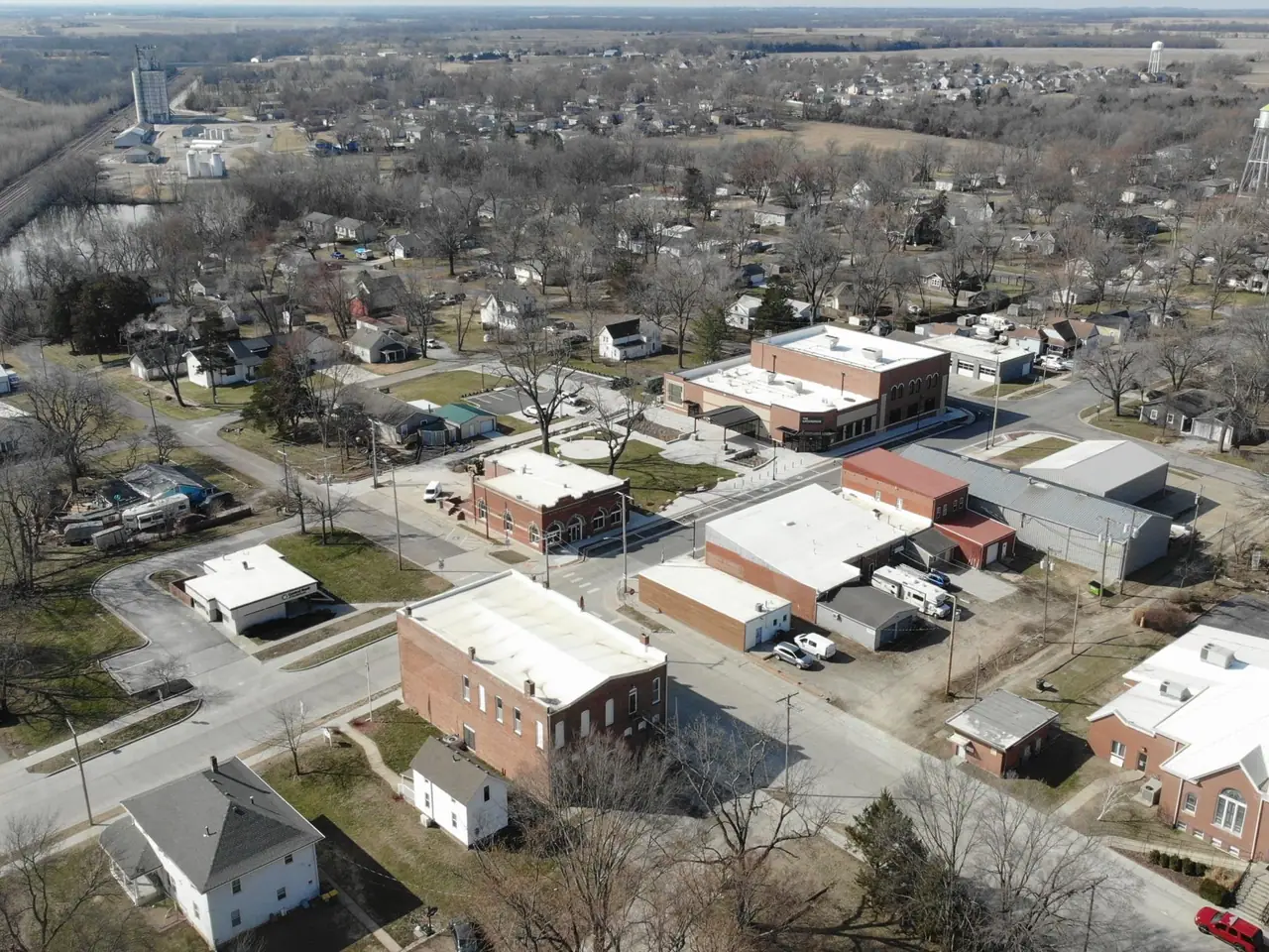 Downtown Edgerton from above: Nelson Street's brick buildings, rooftops and trees.