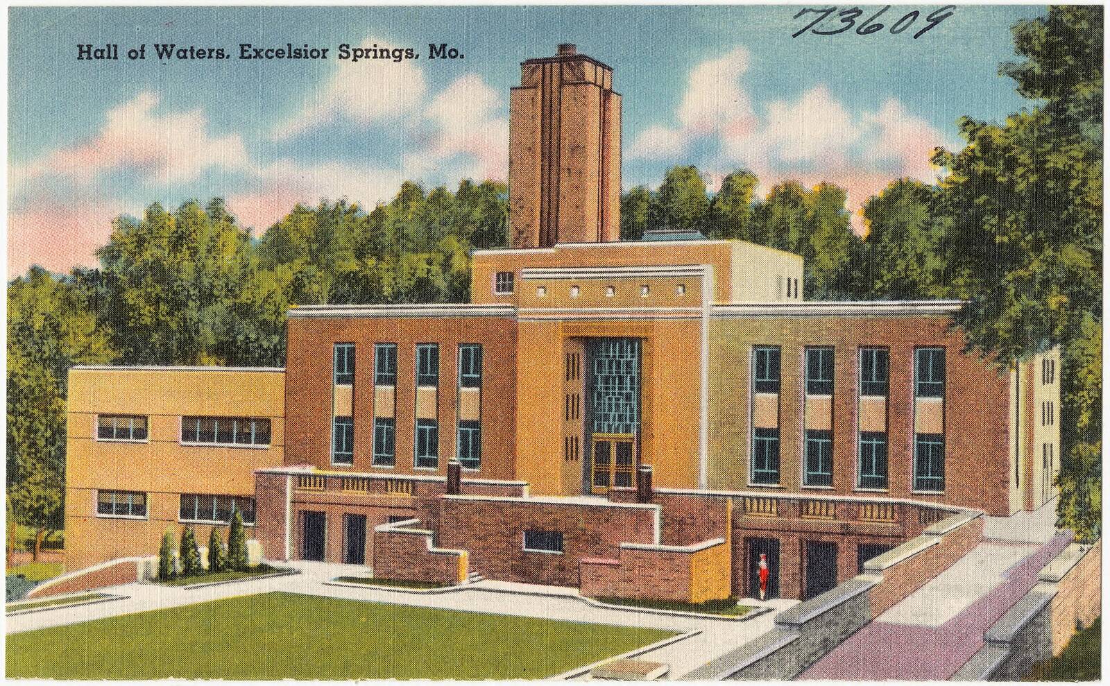 Historical Hall of Waters postcard, shown as public-domain historical context