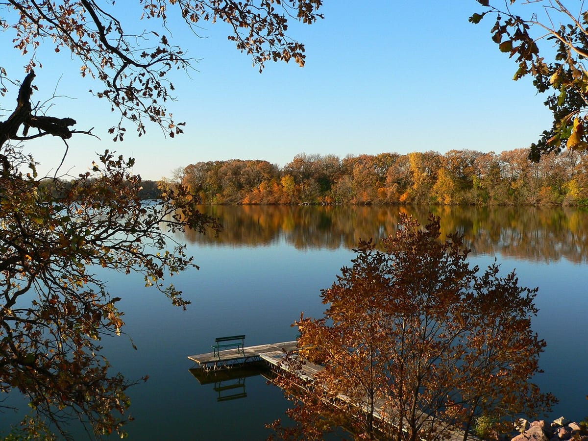 A dock on Lake Sisseton framed by fall color