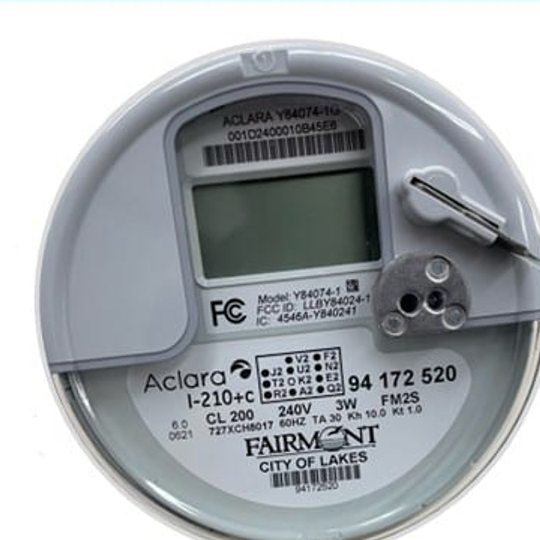 The face of an Aclara electric meter stamped Fairmont, City of Lakes