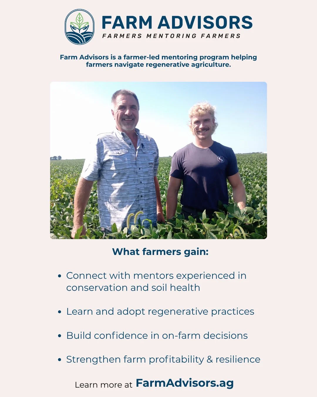 Farm Advisors graphic: two farmers in a soybean field above the words “What farmers gain”