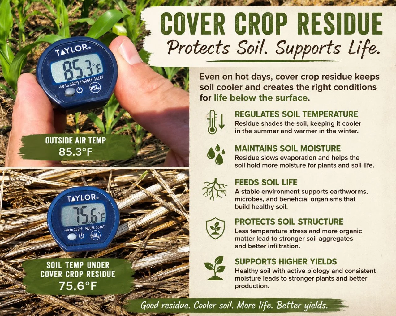 Graphic: Cover crop residue protects soil and supports life. Two thermometers: the outside air is 85.3°F, and the soil under cover crop residue is 75.6°F. The words are written out below the graphic.