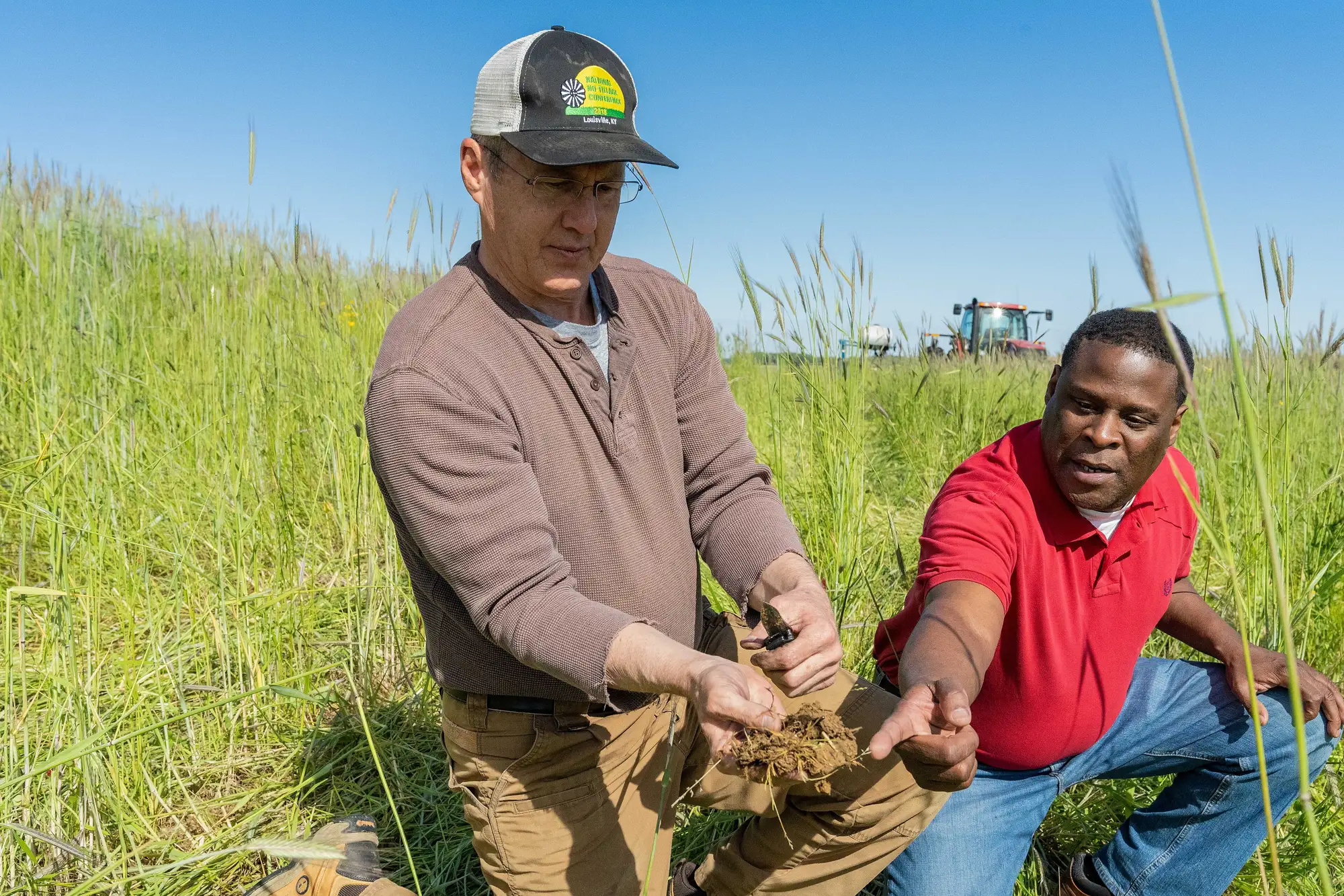 Pat Bittner, in a cap, and Keith Williams, kneeling, look over a handful of soil in a field of tall cover crops.