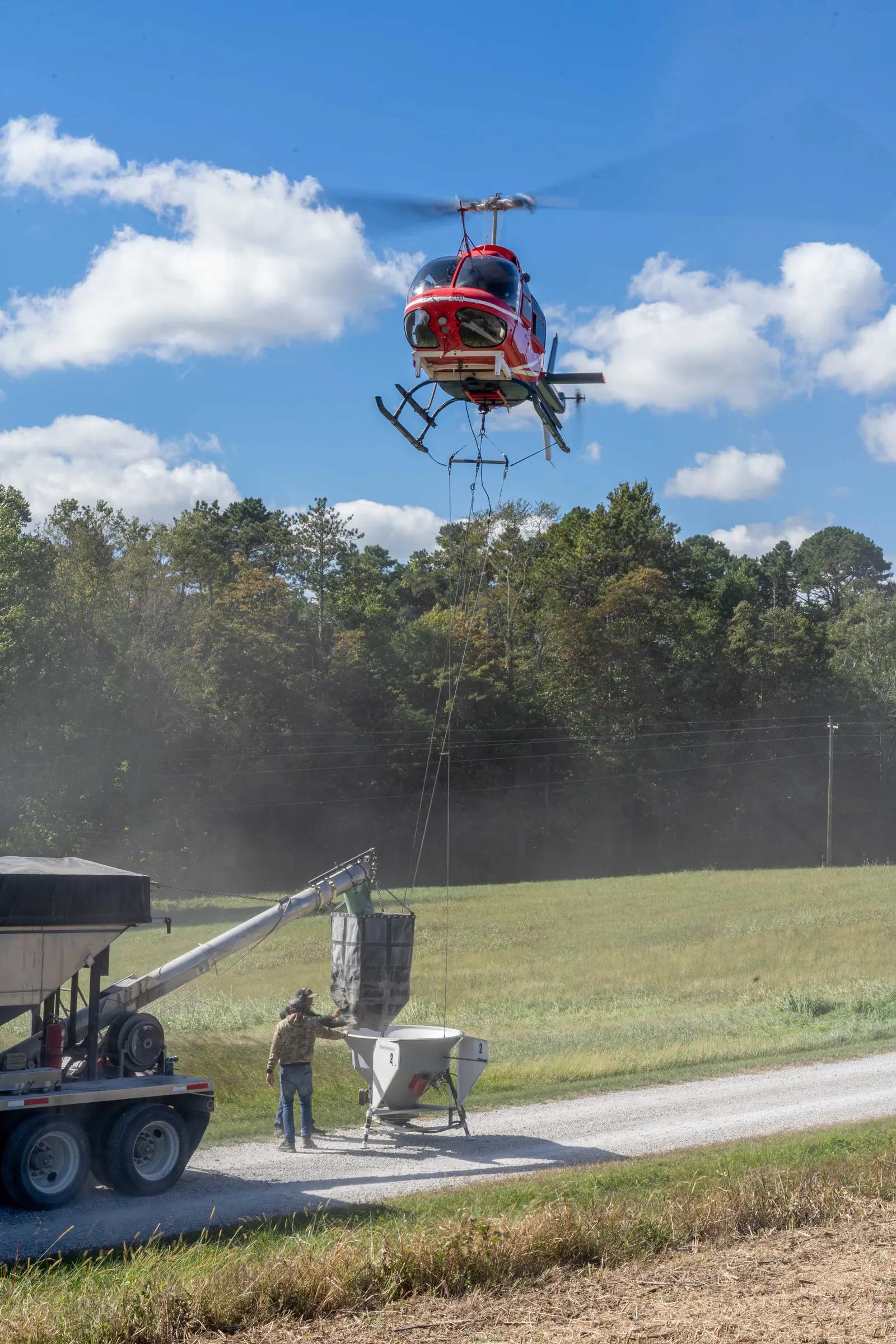 A helicopter seeds cover crops over a standing cornfield while a crew loads seed from a trailer below.