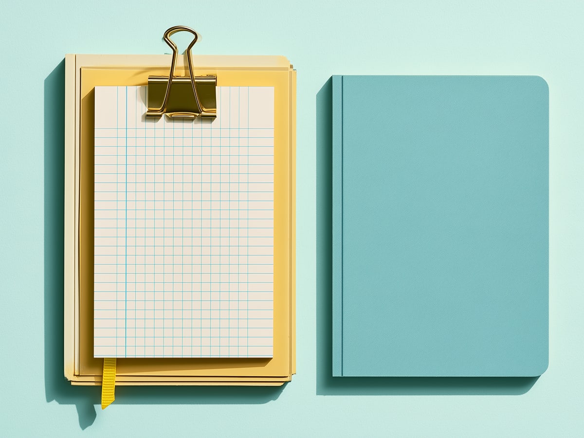 A clipboard of grid paper and a sky-blue notebook on a pale table