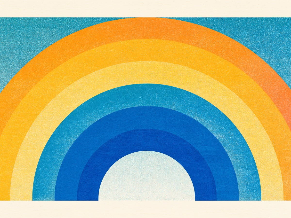 Five rising arcs in yellow, orange, sky, and commission blue on cream