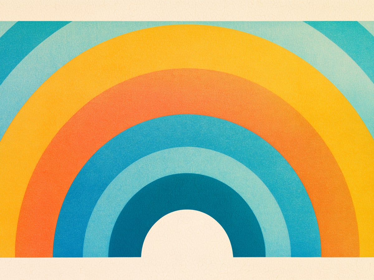 Five rising arcs in marigold, orange, sky, and blue